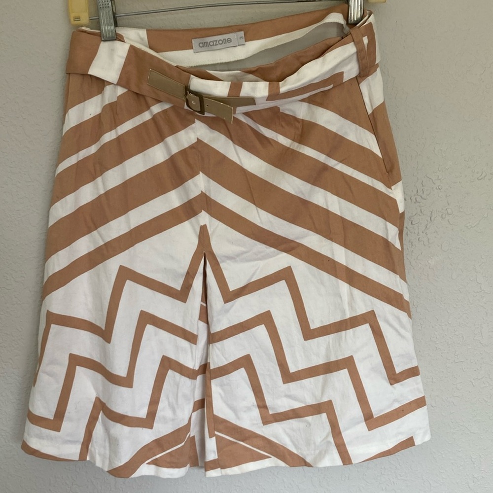 Amazone Cotton Belted Mini Skirt Geographic Block Print Brown & White Side Zip